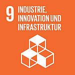 Icon des Nachhaltigkeitsziels SDG 9: Industrie, Innovation und Infrastruktur – oranges Quadrat mit drei verbundenen Würfeln.