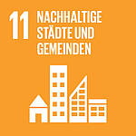 Icon des Nachhaltigkeitsziels SDG 11: Nachhaltige Städte und Gemeinden – gelbes Quadrat mit stilisierten Gebäuden.