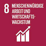 Icon des Nachhaltigkeitsziels SDG 8: Menschenwürdige Arbeit und Wirtschaftswachstum – rotes Quadrat mit steigendem Diagramm.