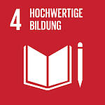 Icon des Nachhaltigkeitsziels SDG 4: Hochwertige Bildung – rotes Quadrat mit offenem Buch und Stift.