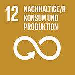 Icon des Nachhaltigkeitsziels SDG 12: Nachhaltiger Konsum und Produktion – goldenes Quadrat mit kreisförmigem Pfeilsymbol.