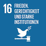 Icon des Nachhaltigkeitsziels SDG 16: Frieden, Gerechtigkeit und starke Institutionen – blaues Quadrat mit Friedenstaube.