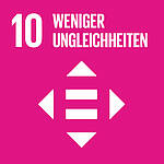 Icon des Nachhaltigkeitsziels SDG 10: Weniger Ungleichheiten – pinkes Quadrat mit Pfeilen nach oben und unten.