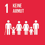 Icon des Nachhaltigkeitsziels SDG 1 – Keine Armut — Rotes Icon mit einer Familie; Ziel: Armut in allen Formen beenden.