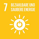 Icon des Nachhaltigkeitsziels SDG 7: Bezahlbare und saubere Energie – gelbes Quadrat mit Sonnensymbol.