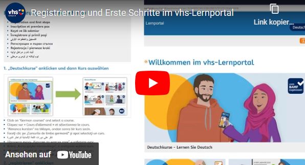 Dieser Link führt Sie weiter zur Videoanleitung und beschreibt die Registrierung beim vhs-Lernportal.gs Anleitungsvideo bei YouTube. 